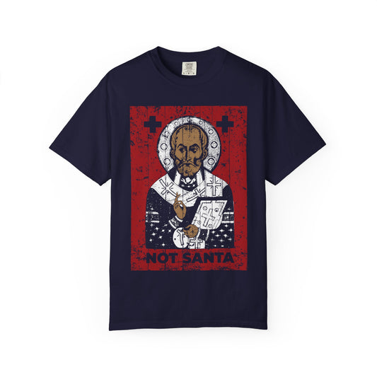 True Navy St Nicholas of Myra | Definitely Not Santa | Striker of Arius, Defender of Orthodoxy | Red & White Cotton Tee.