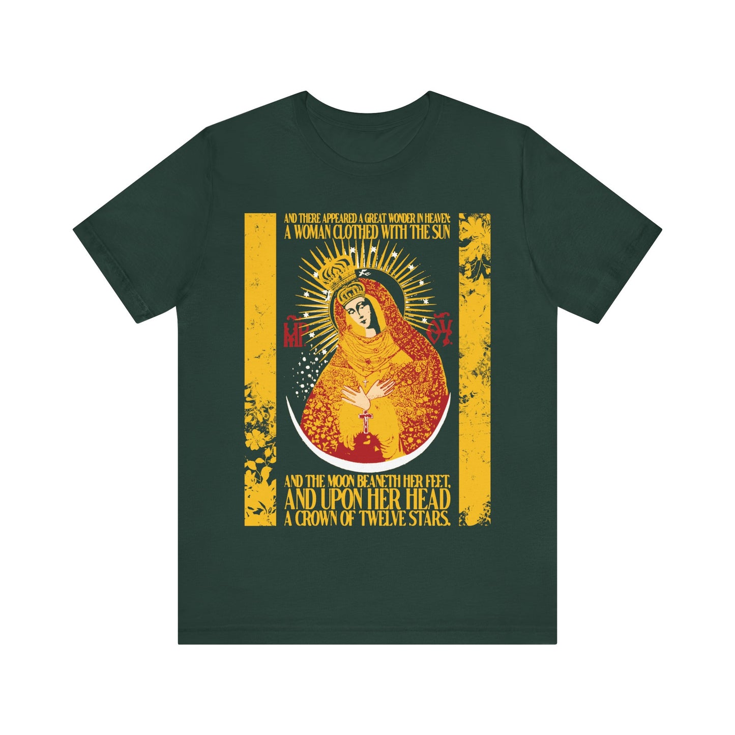 Our Lady the Gate of Dawn | Woman of the Apocalypse Rev 12:1 | Theotokos Gold Floral Texture Design | Orthodox Christian Cotton T-Shirt