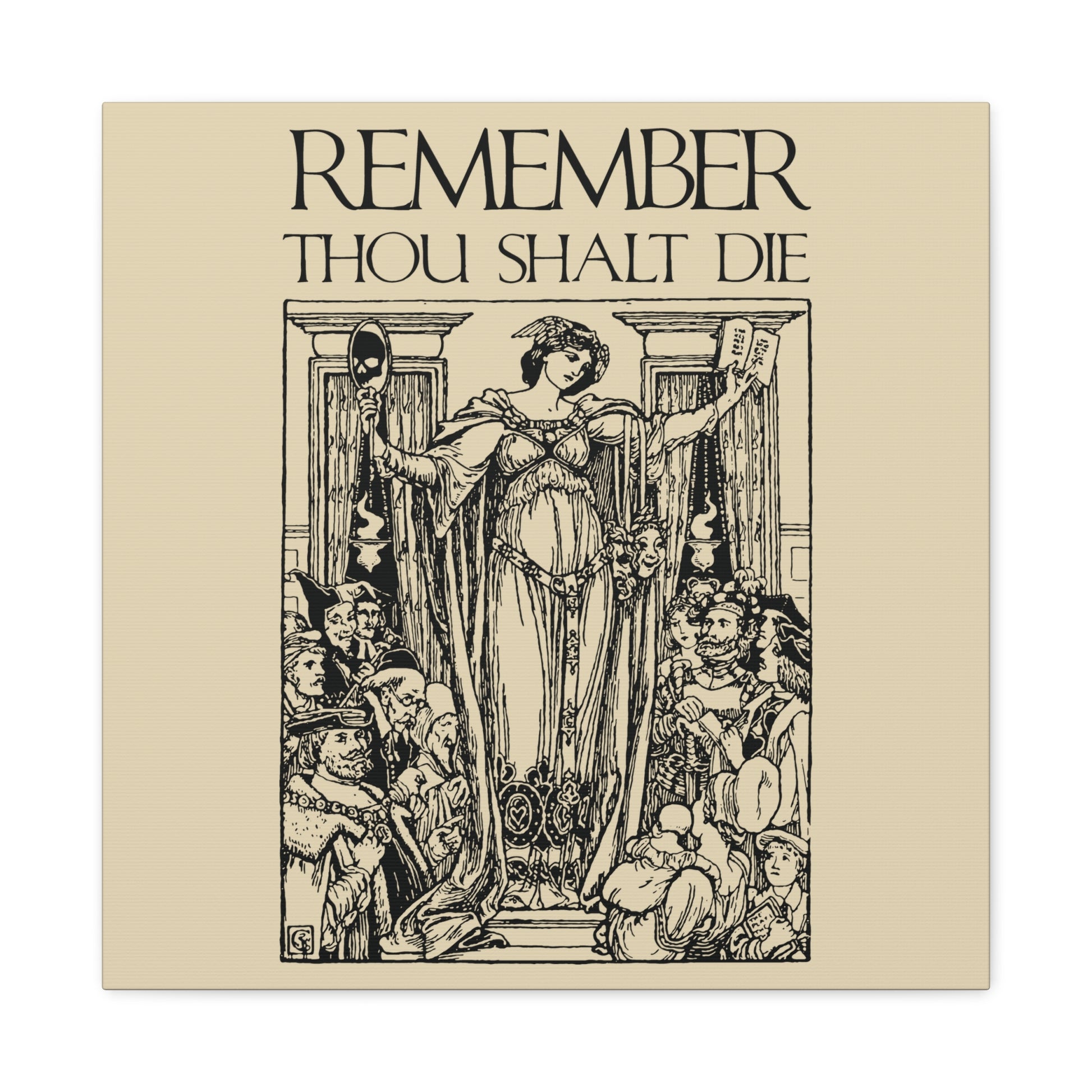 Shakespearean Memento Mori wall art: classic woodcut design with REMEMBER YOU WILL DIE text, inspired by Christian reflections—both a reminder and comfort.