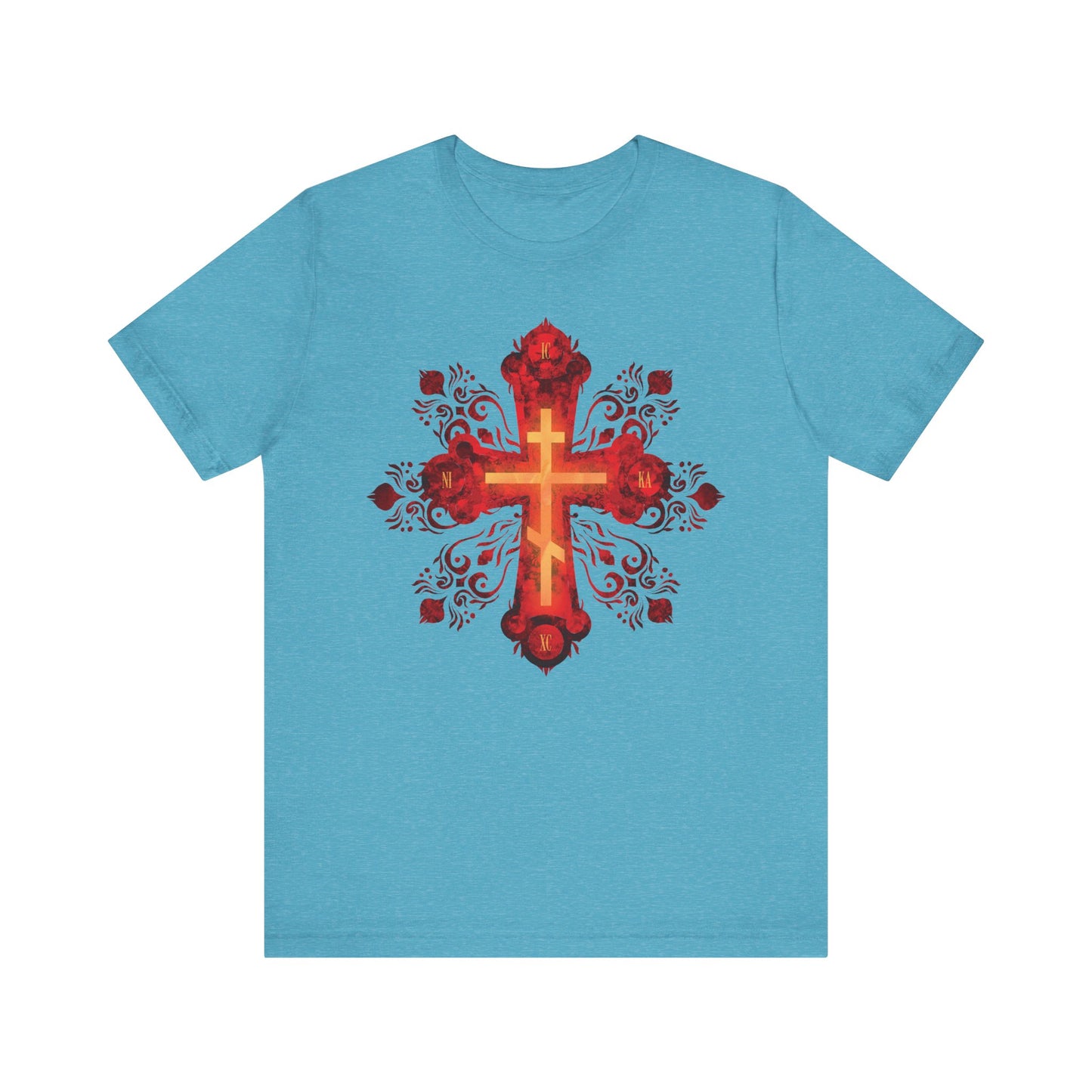 Heather Aqua lightweight unisex tee featuring a red and gold ornate Russian-style Orthodox cross with floral accents, inspired by "He was pierced for our transgressions"—a tribute to the Christian journey to a heavenly homeland.