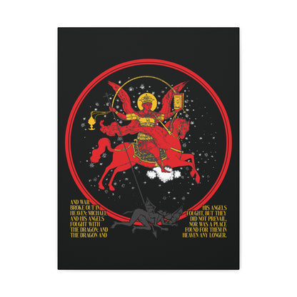 The Archangel Michael of the Apocalypse Icono-Graphic shows him on a red horse battling a black dragon, encircled by red and gold, with Revelation 12:7-9 below. Christian canvas art: War in Heaven, Satan Cast Out.