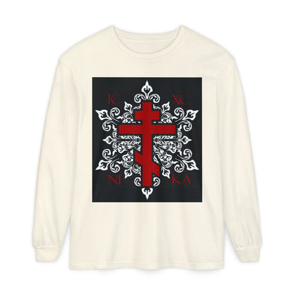 ICXC / NIKA Red Orthodox Cross on Ornate White Medieval Floral Design | Exclusive Best-Selling | Orthodox Christian Long Sleeve Shirt