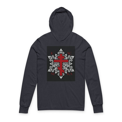 ICXC / NIKA Red Orthodox Cross on Ornate White Medieval Floral Design | Exclusive Best-Selling | Orthodox Long Sleeve Hooded Shirt