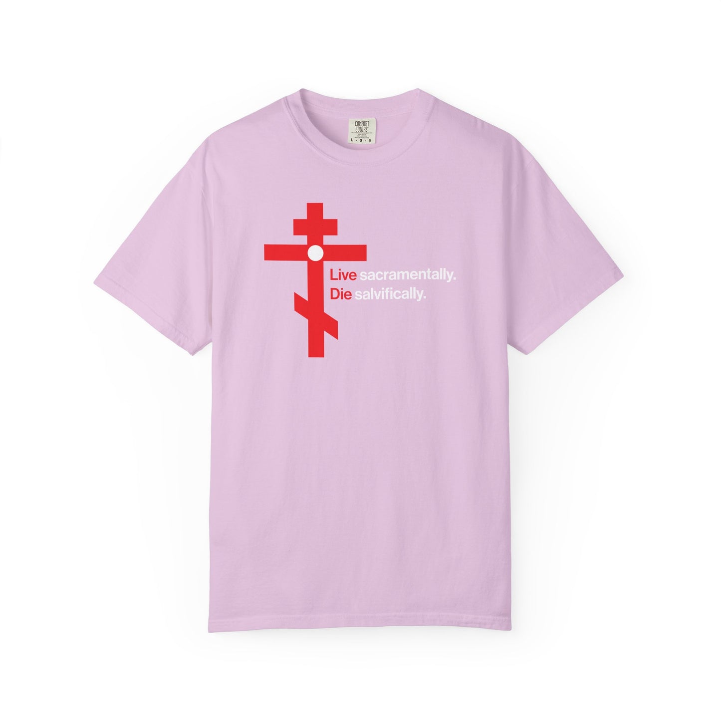 Live Sacramentally, Die Salvifically | Remember You Will Die | Memento Mori | Red Orthodox Cross White Circle | Heavyweight Cotton Unisex Tee