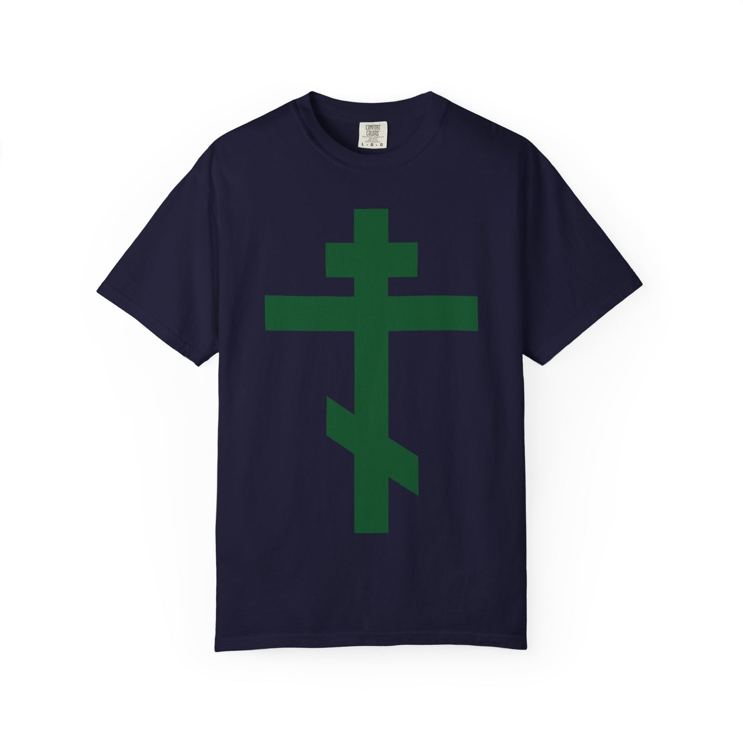 True navy unisex heavyweight cotton tee featuring a large forest green Orthodox tribar cross on the front, inspired by the Troparion of the Cross with the text “Preserve Thy People By Thy Cross, O Lord” and “Christ is King.”.