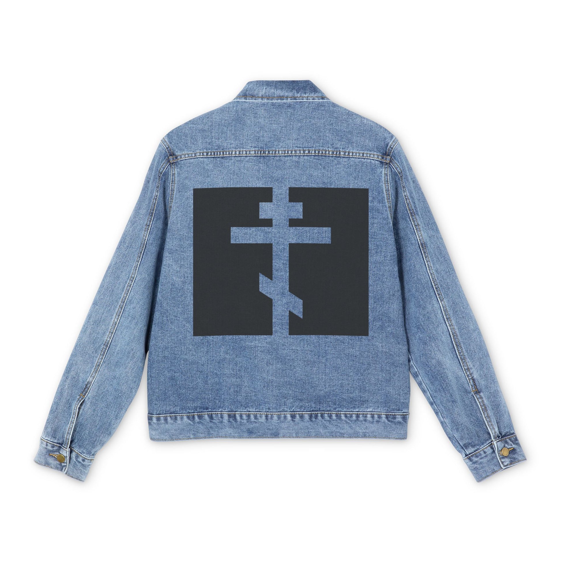 Medium denim wash jean jacket featuring a large black Orthodox Cross cut-out in a square on the back, inspired by Galatians 6:14: "May I never boast, except in the cross of our Lord Jesus Christ.
