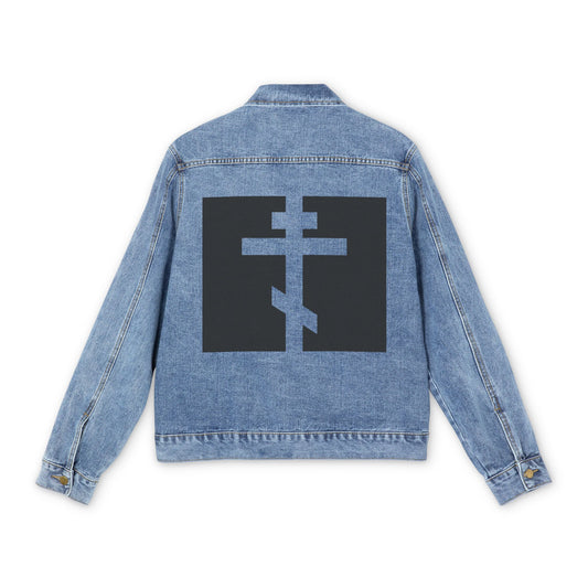 Medium denim wash jean jacket featuring a large black Orthodox Cross cut-out in a square on the back, inspired by Galatians 6:14: "May I never boast, except in the cross of our Lord Jesus Christ.