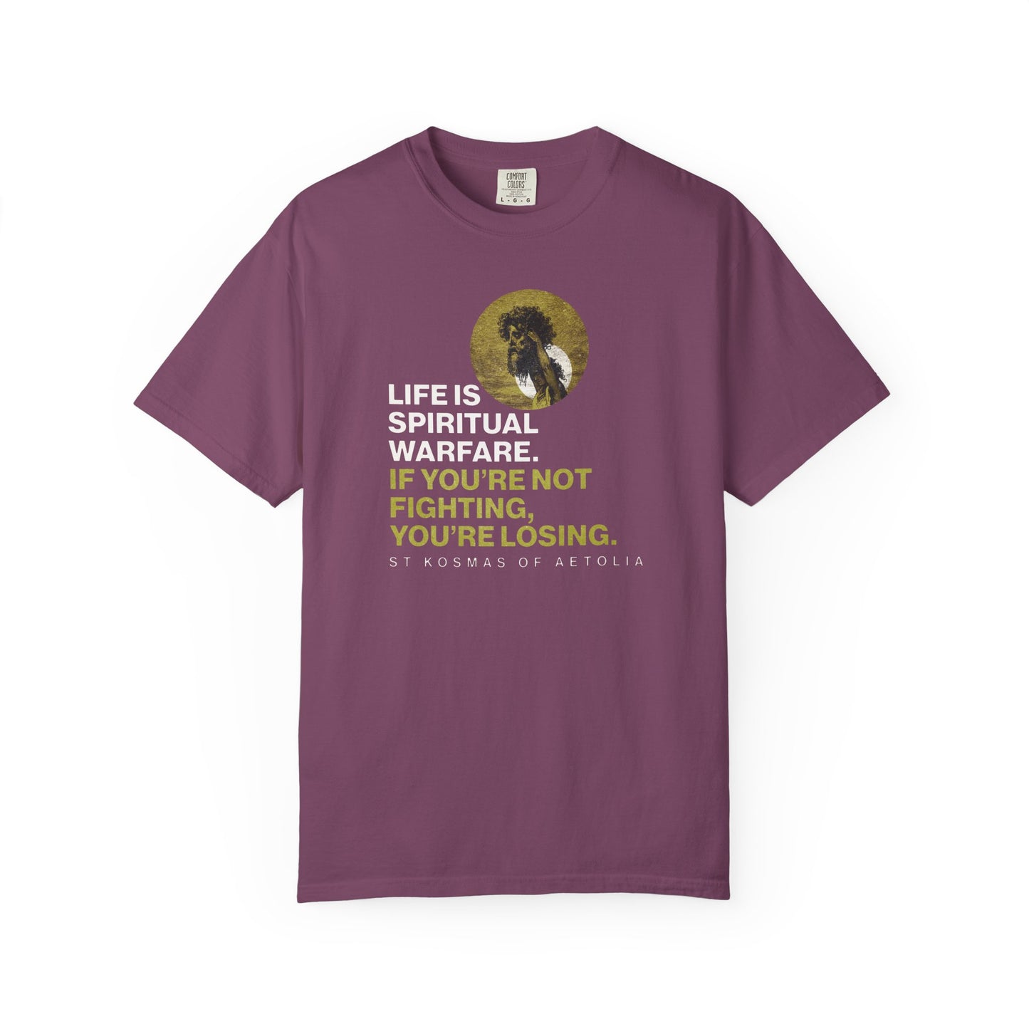 Berry tee featuring St. Kosmas of Aetolia and Gustave Dore’s David & Goliath, with the quote "Life is spiritual warfare." Inspired by Unseen Warfare and Psalm 151. Made of heavyweight cotton. Orthodox unisex fit.