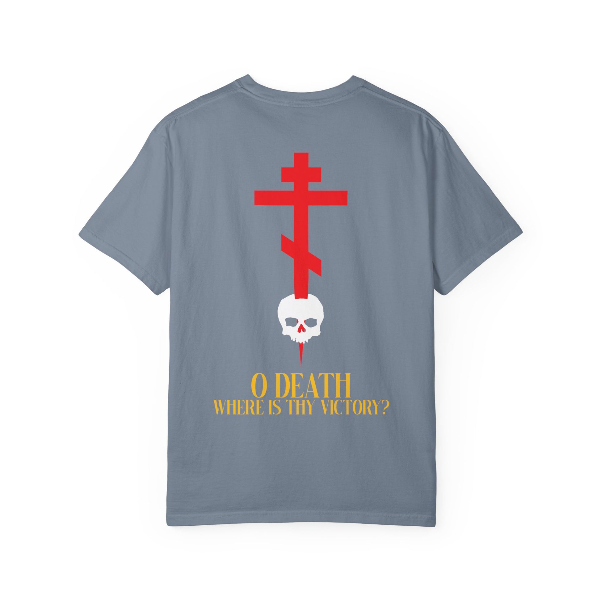 Introducing the "O Death Where is Thy Victory?" unisex heavyweight cotton tee, featuring a bold red Orthodox cross on the front left chest and an eye-catching design of a cross stabbing a skull alongside yellow text on the back, inspired by the hope of the Resurrection.