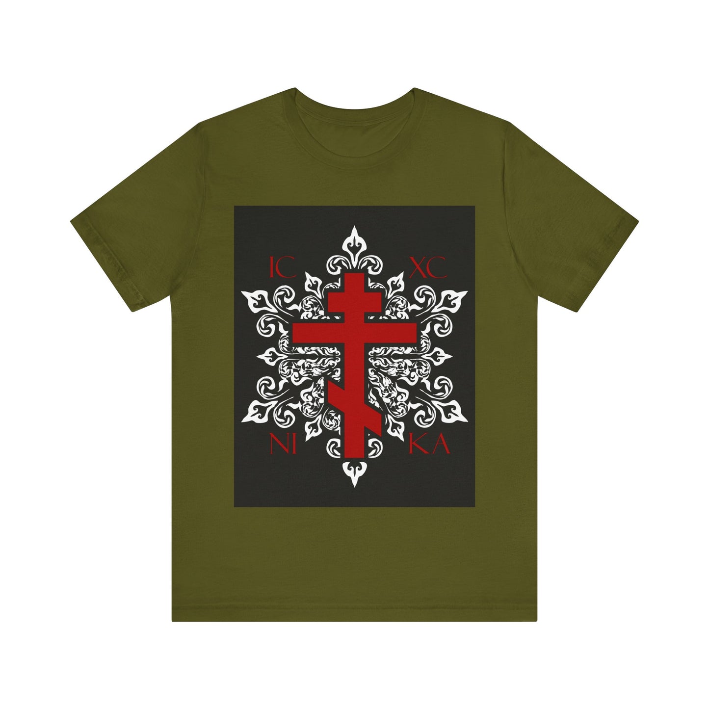 The ICXC/NIKA Red Orthodox Cross T-Shirt features an olive color, ornate white medieval floral design, and bold red cross—a best-selling exclusive Orthodox Christian cotton tee for any wardrobe.