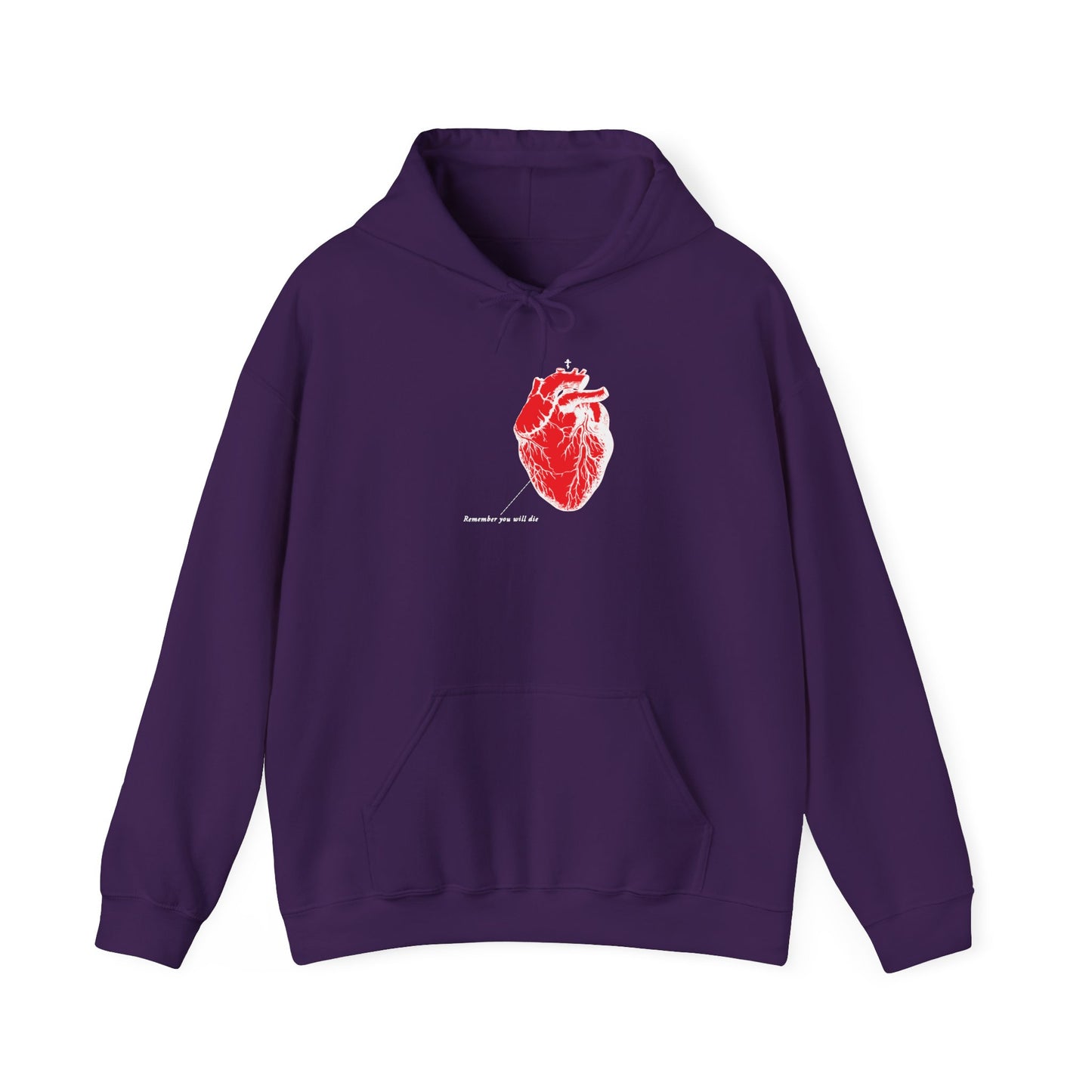 The Remember You Will Die purple Gildan 18500 hoodie features a red anatomical heart illustration with Anatomy says not for sale text below, perfect for those who enjoy unique athletic streetwear.