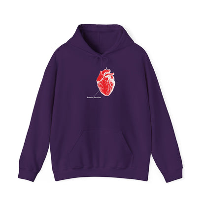 The Remember You Will Die purple Gildan 18500 hoodie features a red anatomical heart illustration with Anatomy says not for sale text below, perfect for those who enjoy unique athletic streetwear.