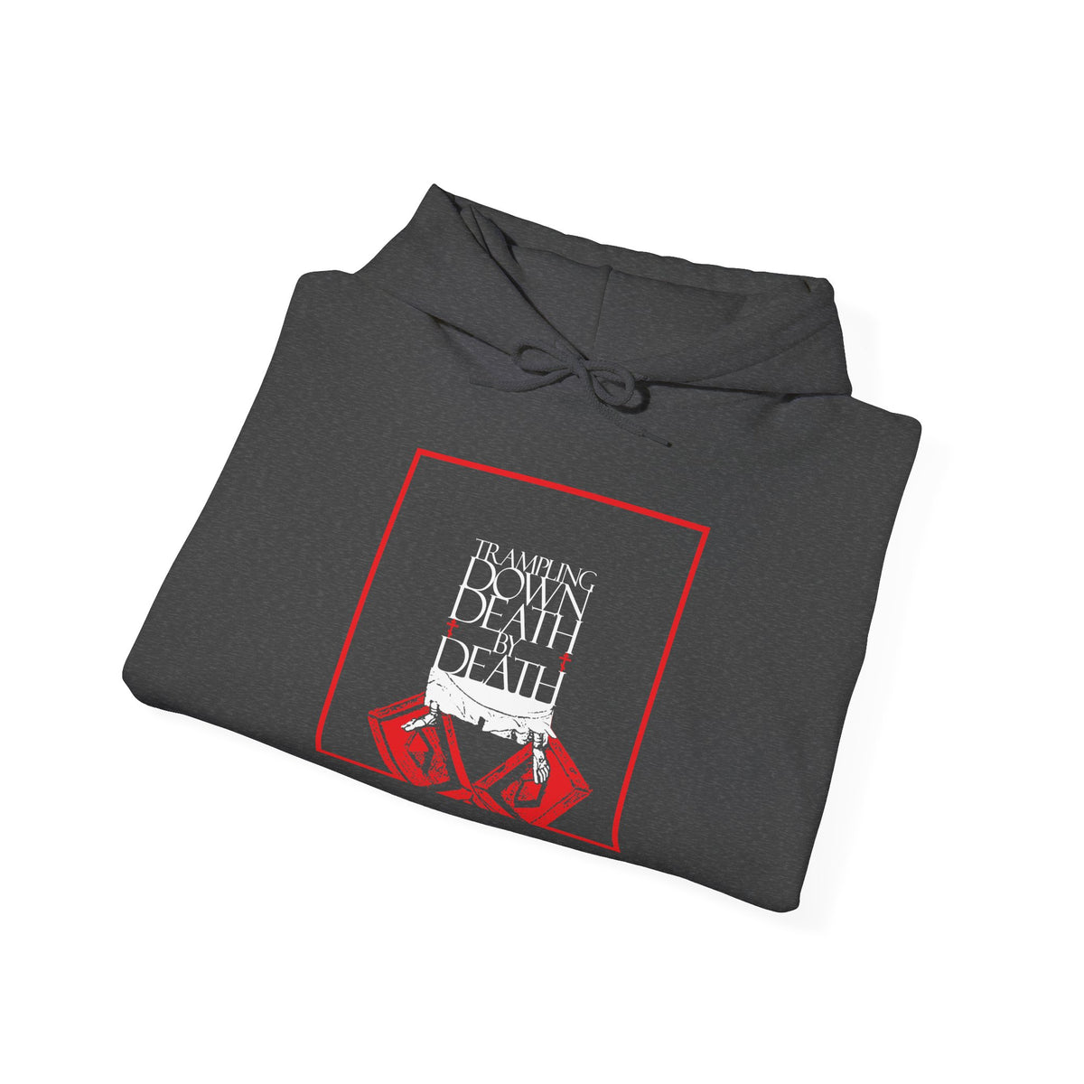 Charcoal Trampling Down Death By Death hoodie featuring a red and white graphic of feet trampling the gates of Hades.
