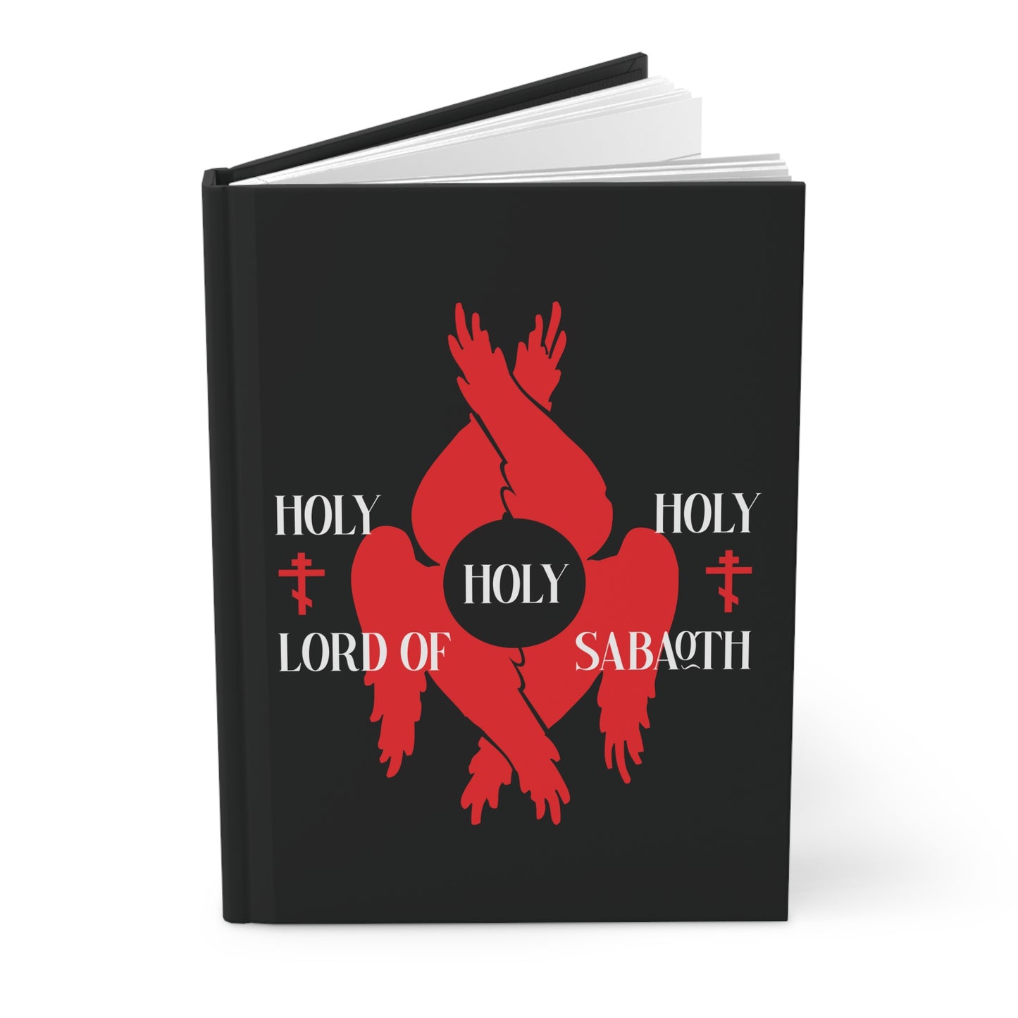 Hardcover journal featuring red seraphim wings and Orthodox crosses on a black cover, with "Holy Holy Holy Lord of Sabaoth" from Isaiah 6:3—an homage to the Divine Council and the Liturgy of St John Chrysostom.