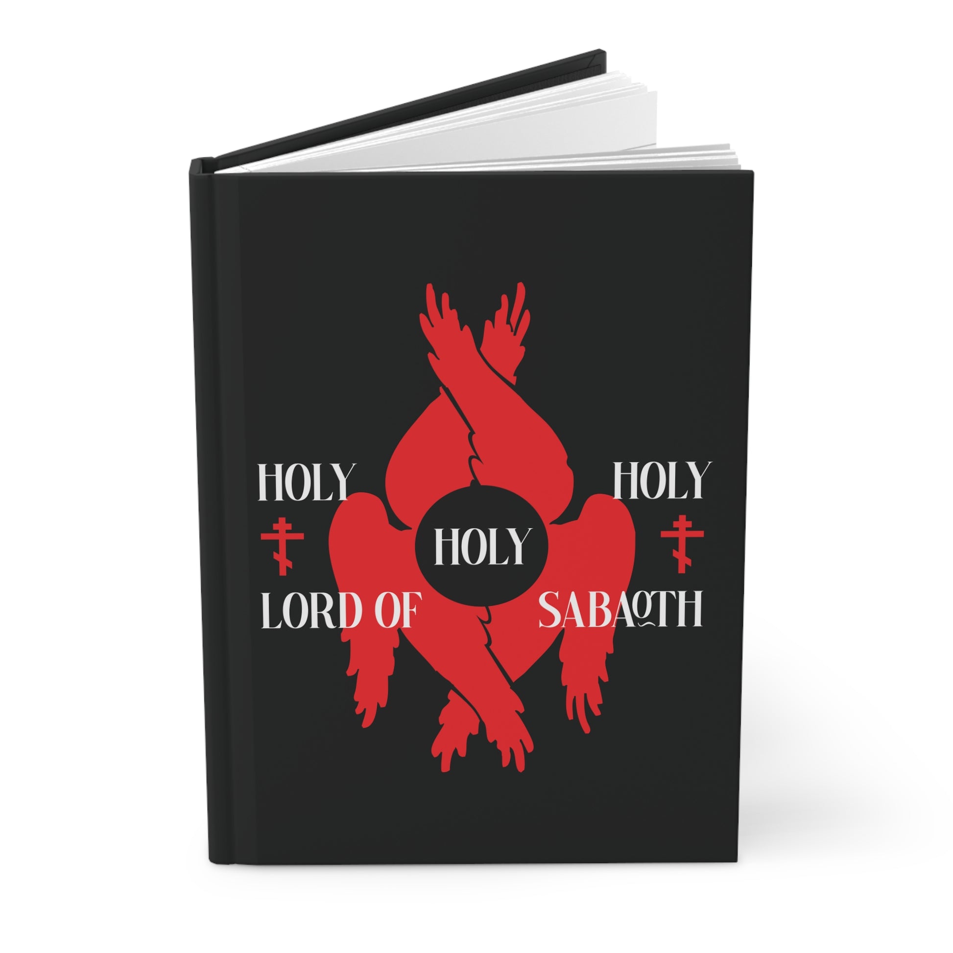 Hardcover journal featuring red seraphim wings and Orthodox crosses on a black cover, with "Holy Holy Holy Lord of Sabaoth" from Isaiah 6:3—an homage to the Divine Council and the Liturgy of St John Chrysostom.