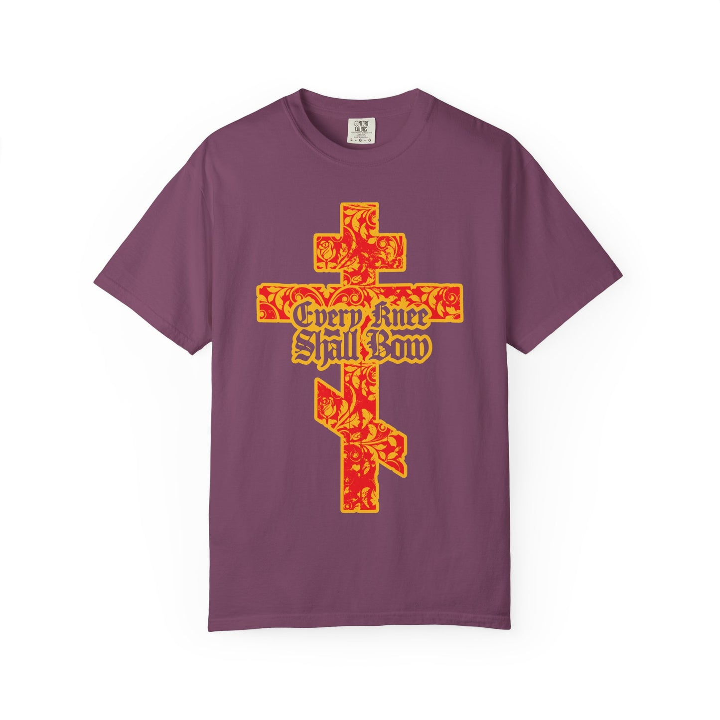 Showcase your faith with the “Every Knee Shall Bow (Isaiah 45:22-24, Phil 2:7-11)” Heavyweight Cotton Unisex Tee in vibrant berry. Featuring a gold and red floral textured Orthodox cross and gothic lettering across the center, this bold design is inspired by Isaiah 45:22-24 and Philippians 2:7-11 from the Lexham English Bible—a powerful reminder of reverence and devotion.
