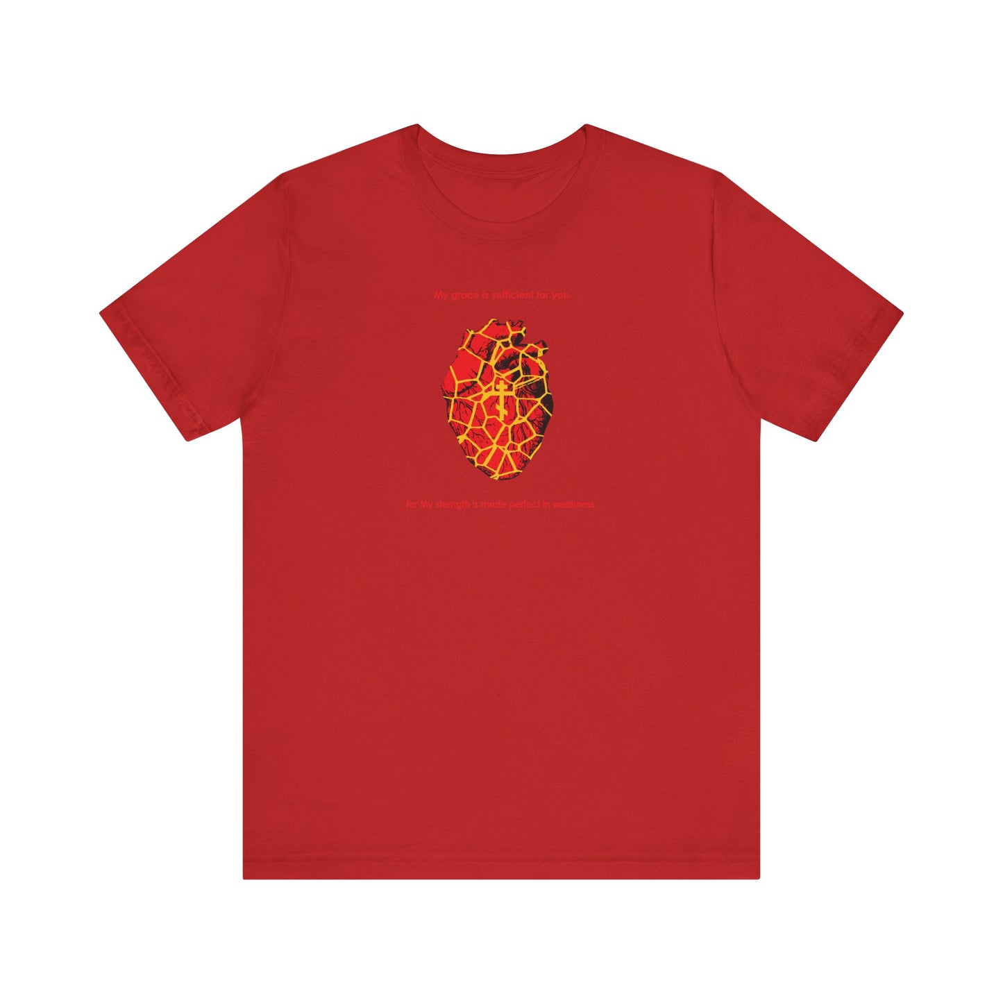 Red lightweight cotton unisex tee featuring a Kintsugi-style golden broken heart and Orthodox cross, inspired by 2 Corinthians 12:9—“My strength is made perfect in weakness.”.