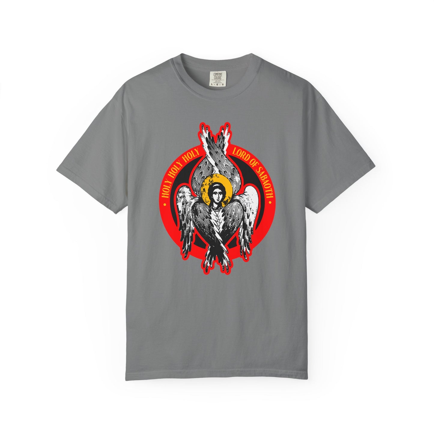 Grey heavyweight cotton unisex tee featuring a seraphim angel iconographic design and "Holy Holy Holy, Lord of Sabaoth" from Isaiah 6 on a bold red circle.