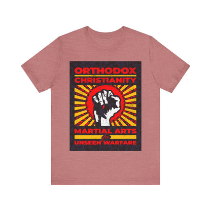 Orthodox Christianity: Martial Arts for Unseen Warfare | NIKA Jesus Fist on Colorful Sunburst Design | Orthodox Christian T-Shirt
