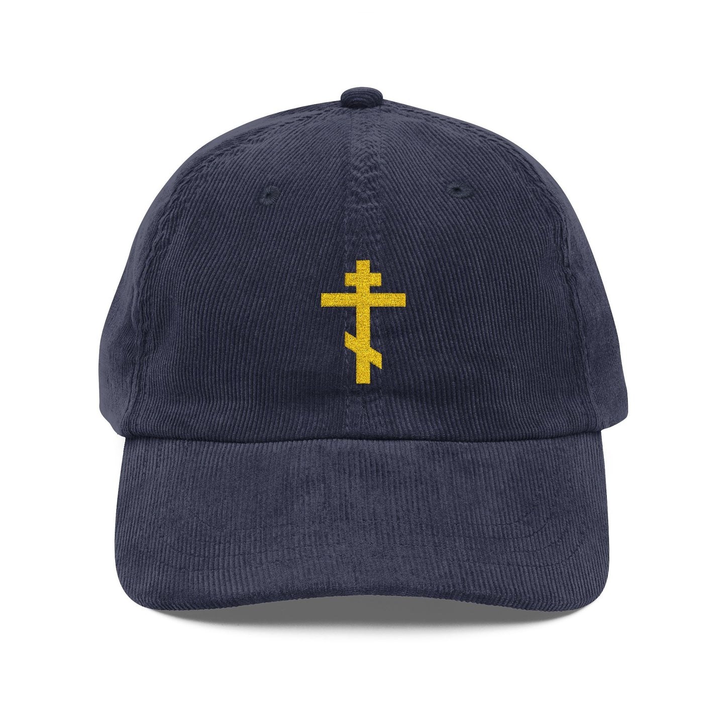 Navy blue corduroy cap featuring a yellow embroidered Orthodox TriBar Cross, the Weapon of Unseen Warfare Which Makes Demons Tremble—an expression of Orthodox Christian faith.