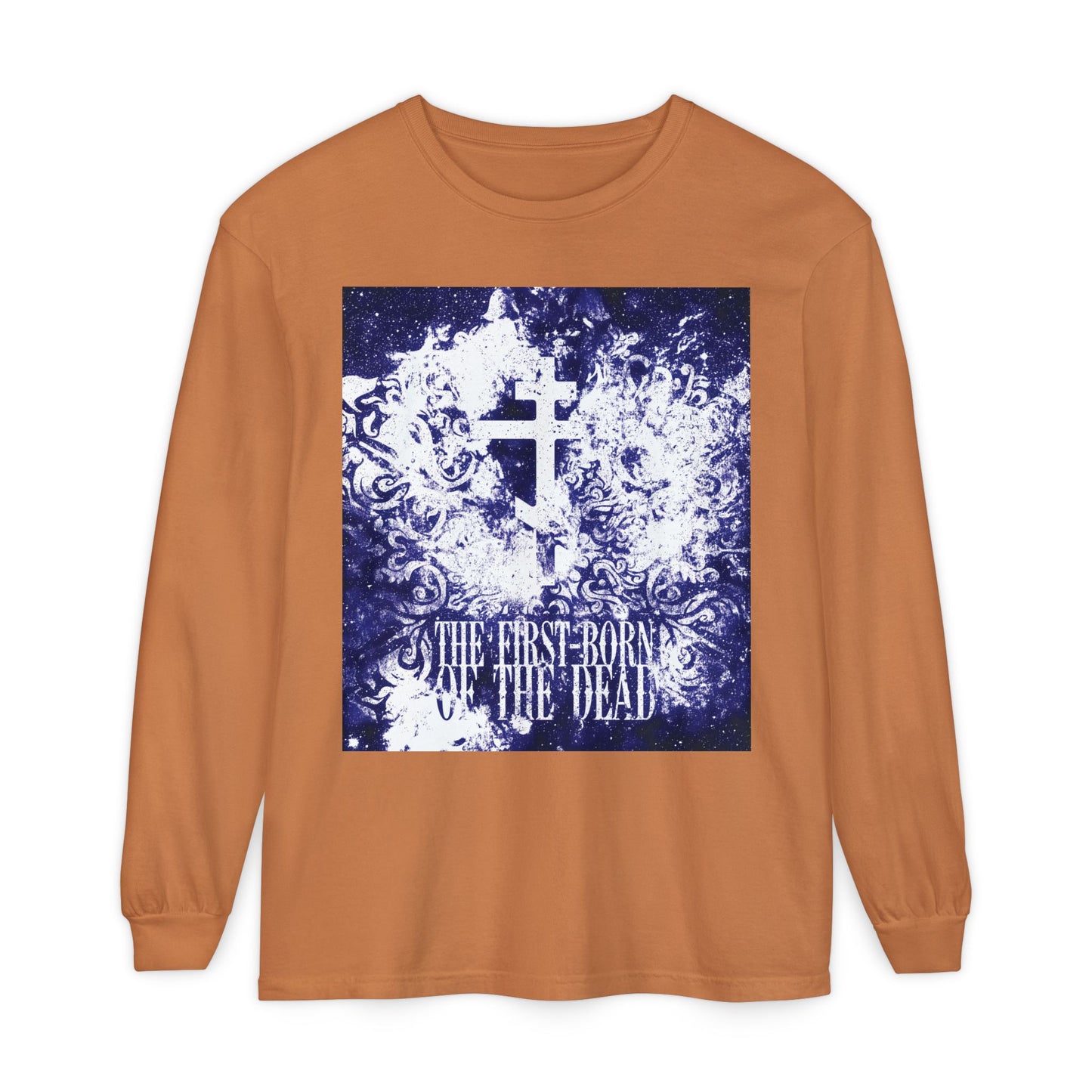 The First-Born of the Dead yam long-sleeve cotton shirt features a glowing white & blue cosmic Orthodox cross with "Resurrection & Apocalypse" text, referencing Jesus Christ as the firstborn from the dead.