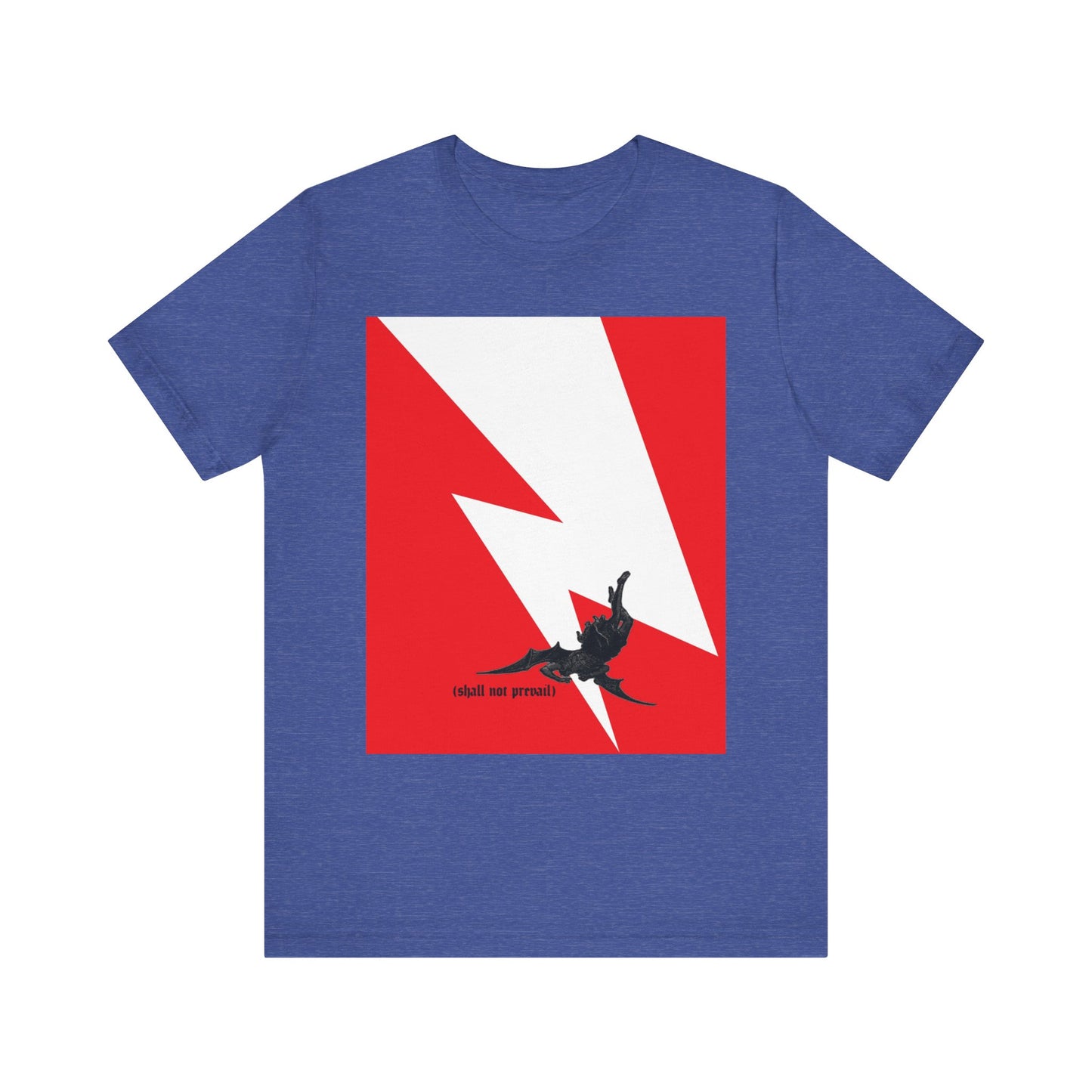 Heather True Royal t-shirt featuring a minimalist red and white lightning bolt graphic inspired by Luke 10:18 (“Satan fell from heaven like lightning”), with a small black figure beneath it. Lightweight cotton unisex tee.