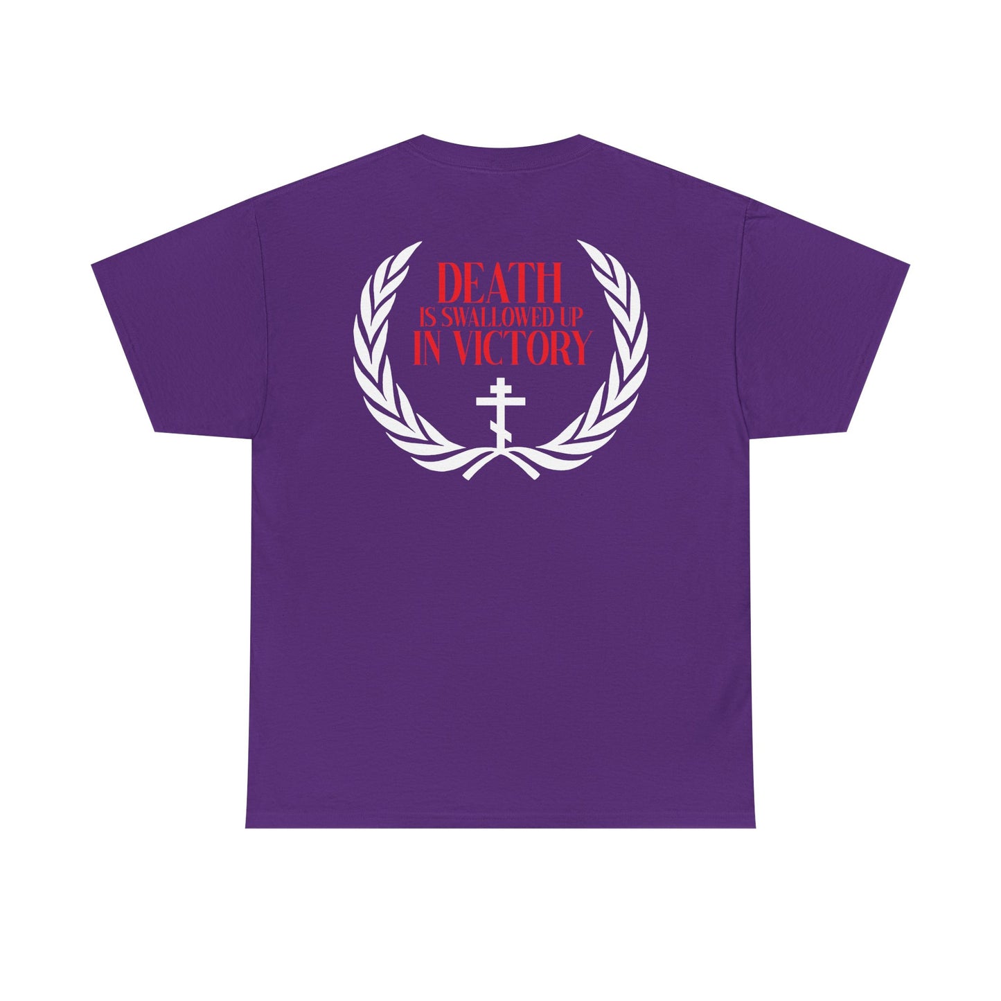 The Archangel Michael of the Apocalypse Iconographic / Death is Swallowed Up In Victory DOUBLE-SIDED Orthodox Unisex Tee features a purple cotton build, white laurel and cross, and bold red "Death is swallowed up in victory" text inspired by Revelation 12:7-9.