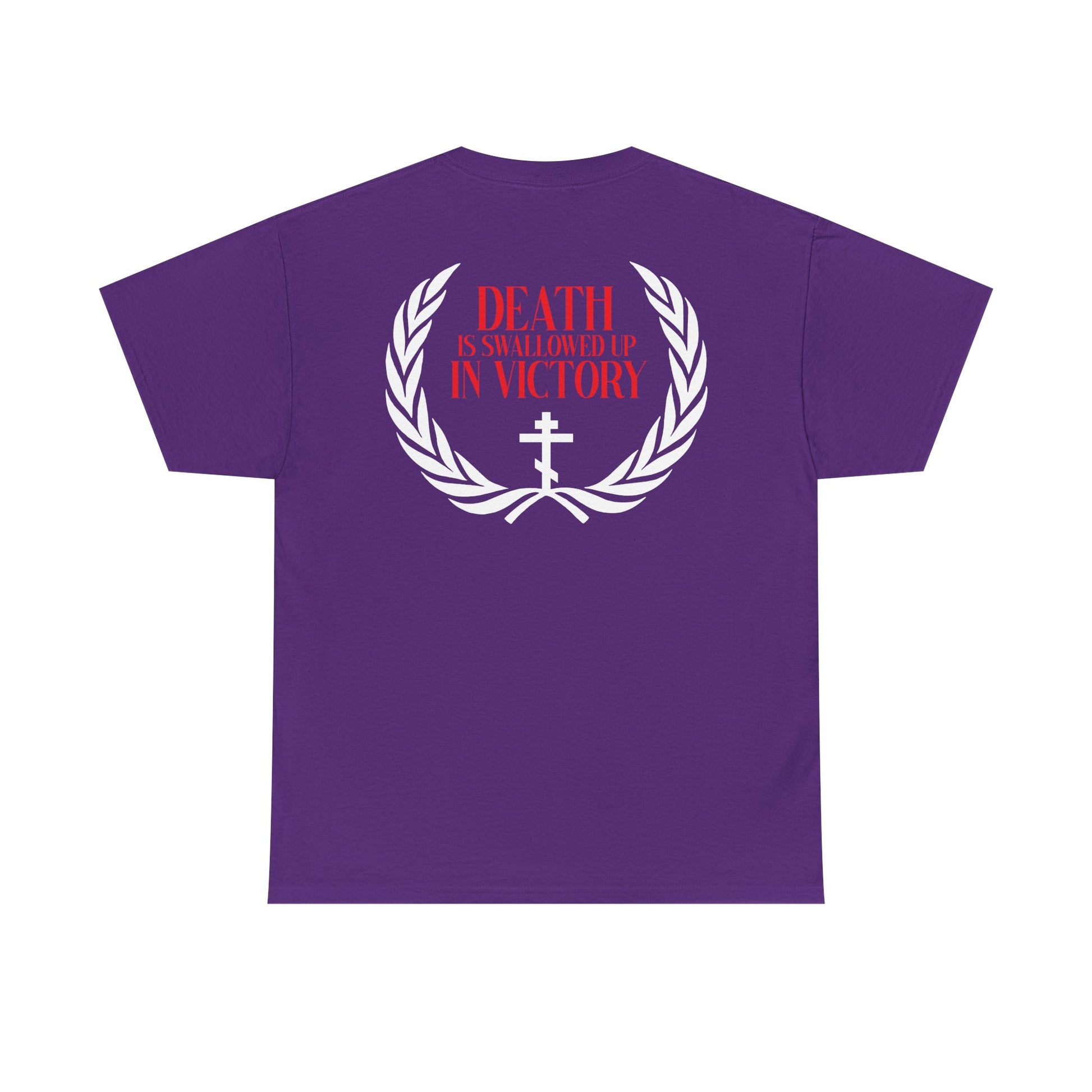 The Archangel Michael of the Apocalypse Iconographic / Death is Swallowed Up In Victory DOUBLE-SIDED Orthodox Unisex Tee features a purple cotton build, white laurel and cross, and bold red "Death is swallowed up in victory" text inspired by Revelation 12:7-9.