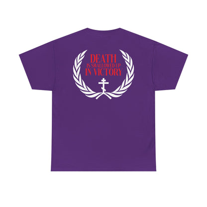 The Archangel Michael of the Apocalypse Iconographic / Death is Swallowed Up In Victory DOUBLE-SIDED Orthodox Unisex Tee features a purple cotton build, white laurel and cross, and bold red "Death is swallowed up in victory" text inspired by Revelation 12:7-9.