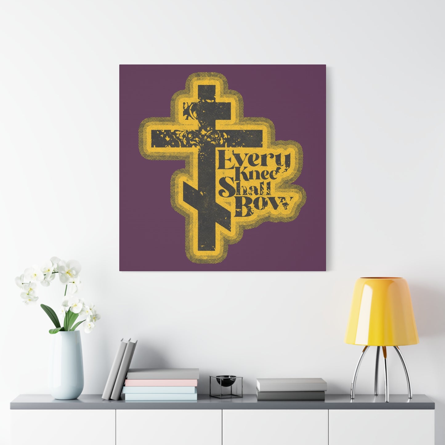 Every Knee Shall Bow | 70s Distressed Halftone Comic Book Aesthetic | Philippians 2:10-11 | Isaiah 45:23 | Christian Wall Art