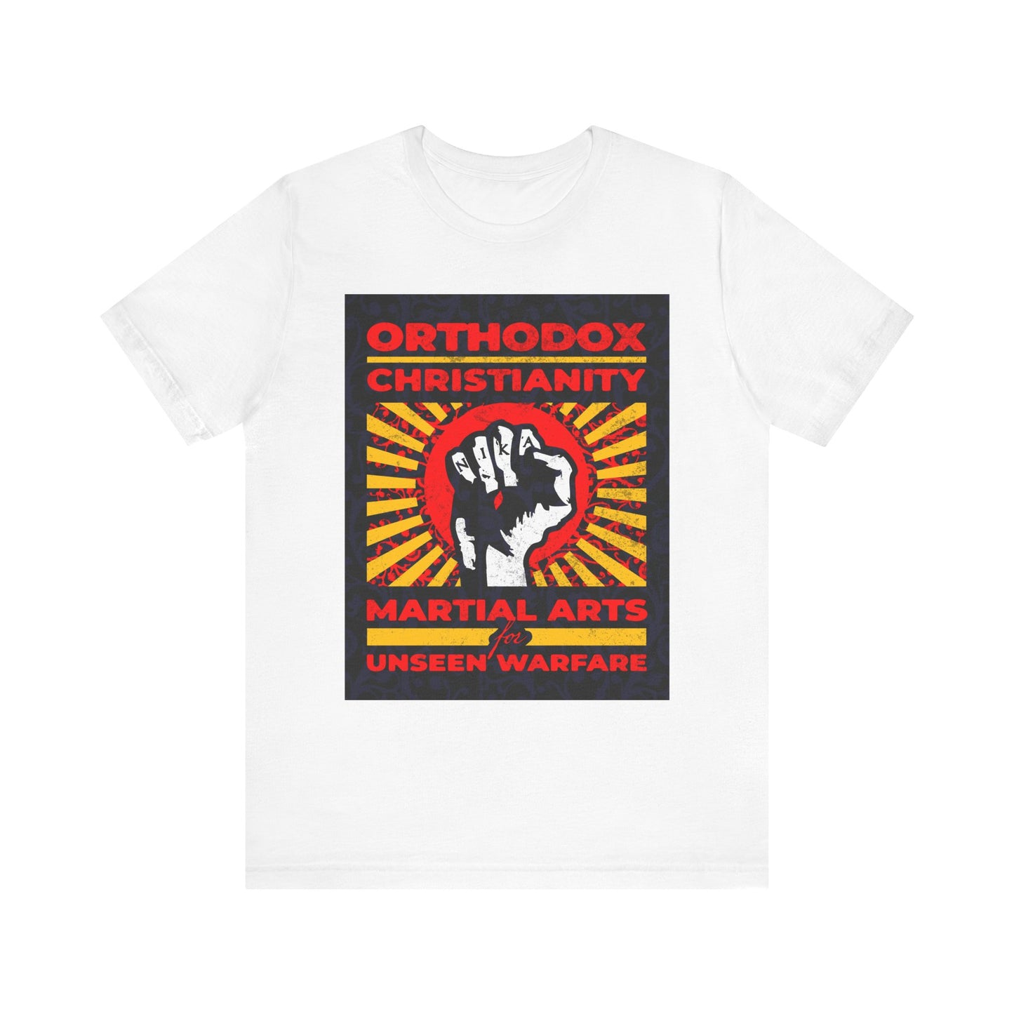 Show your strength of faith with our white "Orthodox Christianity: Martial Arts for Unseen Warfare" lightweight cotton tee, featuring the bold NIKA Jesus Fist set against a vibrant sunburst background—an inspiring tribute to spiritual struggle and Christian virtue, inspired by the teachings of Archbishop Averky.