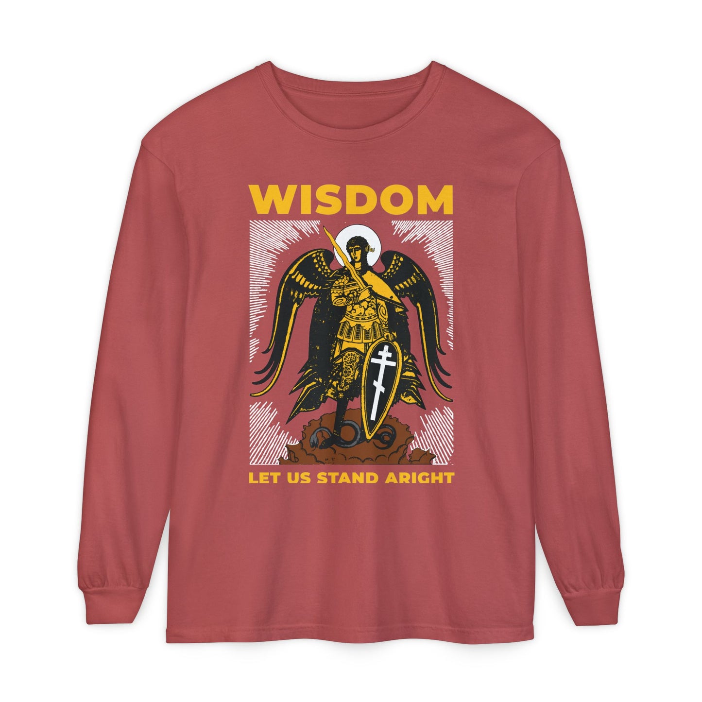 Crimson long sleeve featuring a Russian illustration of Archangel Michael with sword and shield, inspired by Revelation 12, and the phrase: WISDOM LET US STAND ARIGHT—an Orthodox Christian design.