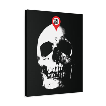 The "You Will Be Here Maps Marker on Skull" canvas art features a black and white skull with a red marker, inspired by Memento Mori and Orthodox Christian themes as a reminder of mortality.