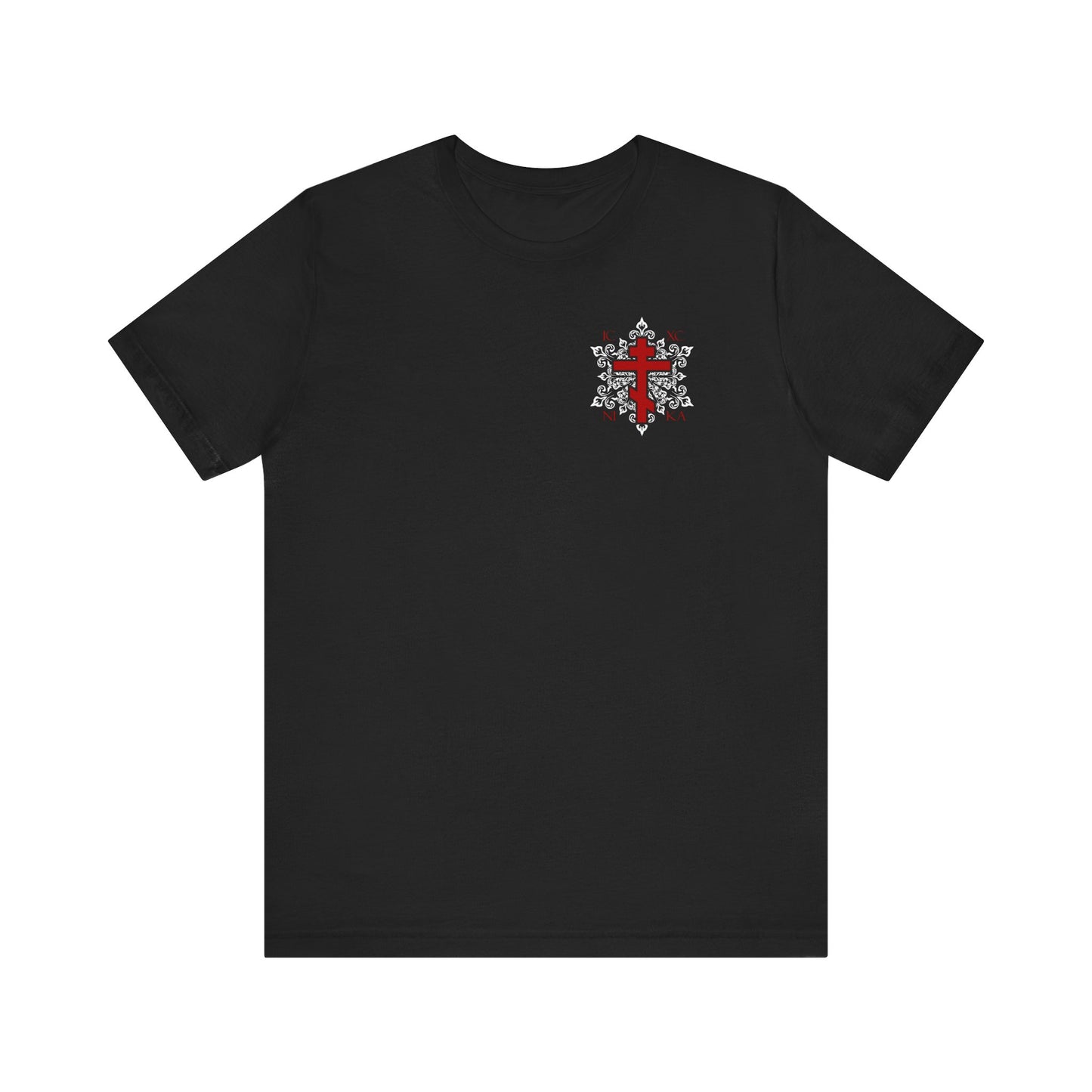 Black ICXC/NIKA unisex tee featuring a small red Orthodox cross and ornate white medieval floral design on the left chest, inspired by St. Romanos and the promise of Paradise. Lightweight cotton, best-selling style.