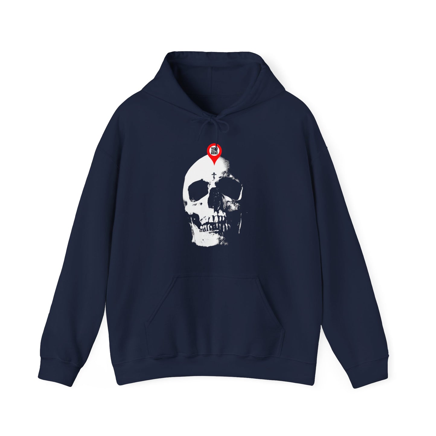 Navy hoodie with a striking white skull and red map marker design, inspired by Orthodox Christian memento mori—“You Will Be Here” and “What You Are I Once Was.”.