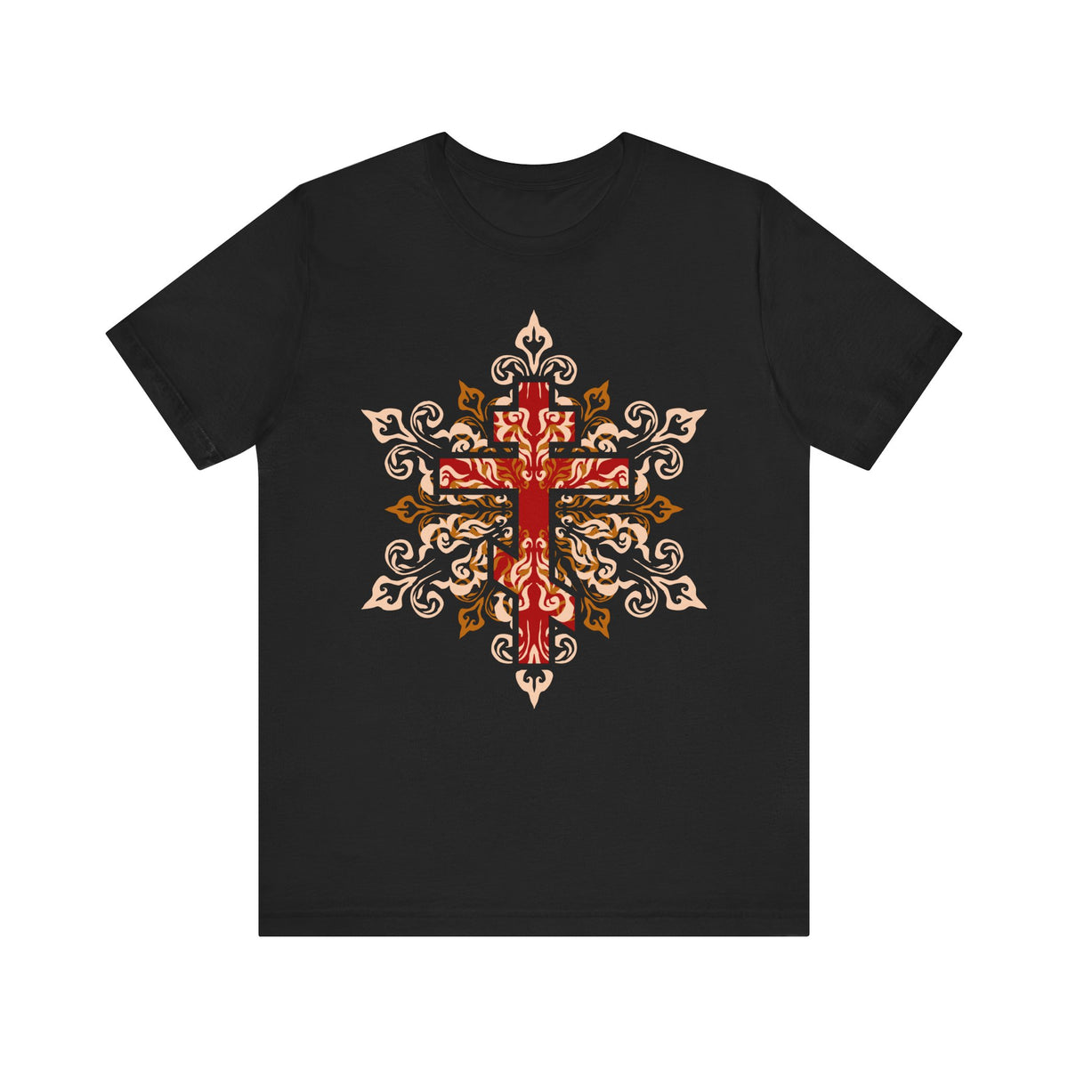 Black “Ornate Red Beige & Orange Orthodox Cross” Christian Lightweight Cotton Unisex Tee, featuring a striking red, beige, and orange cross adorned with intricate floral patterns—an inspiring design titled “Glory to Thy Precious and Life-Giving Cross, O Lord”—that draws on the legacy of St. Clement of Alexandria and calls us to bear the cross in our daily lives.