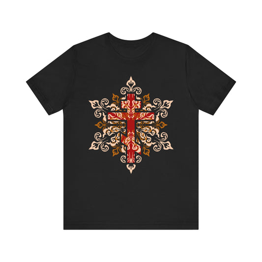 Ornate Red Beige & Orange Orthodox Cross | Glory to Thy Precious and Life-Giving Cross, O Lord | Christian Lightweight Cotton Unisex Tee
