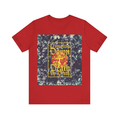 Trampling Down Death By Death | Paschal Floral Design with Gothic Script and Three-Bar Cross | Orthodox Christian T-Shirt