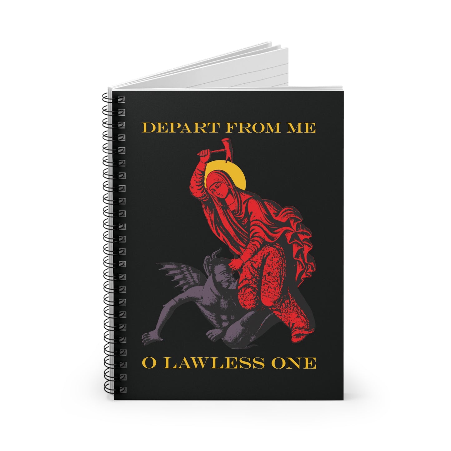 The St Marina IconoGraphic Orthodox Spiral Notebook features Saint Marina in a red robe beating the devil with a hammer and the phrase "DEPART FROM ME O LAWLESS ONE." Inspired by the Life of the Great Martyr Marina.