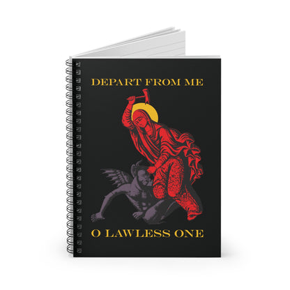 The St Marina IconoGraphic Orthodox Spiral Notebook features Saint Marina in a red robe beating the devil with a hammer and the phrase "DEPART FROM ME O LAWLESS ONE." Inspired by the Life of the Great Martyr Marina.