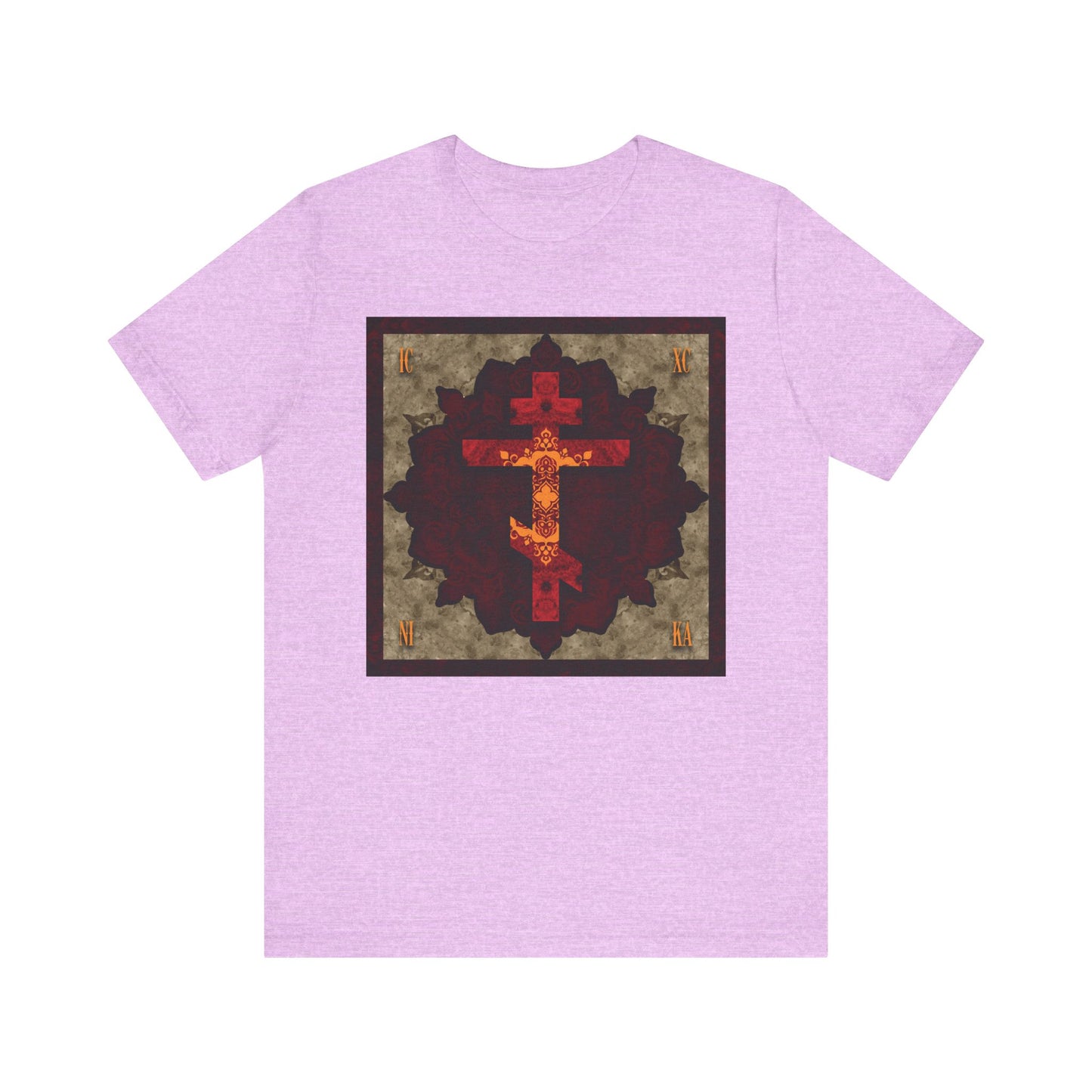 Heather Prism Lilac ICXC NIKA Artistic Textured Red & Gold Russian Cross Orthodox Christian Lightweight Cotton Unisex T-Shirt featuring a striking red and gold ornate cross design, inspired by Christian virtues and set against a dark square background—a subtle nod to the humility exemplified by St. John of Shanghai and San Francisco.