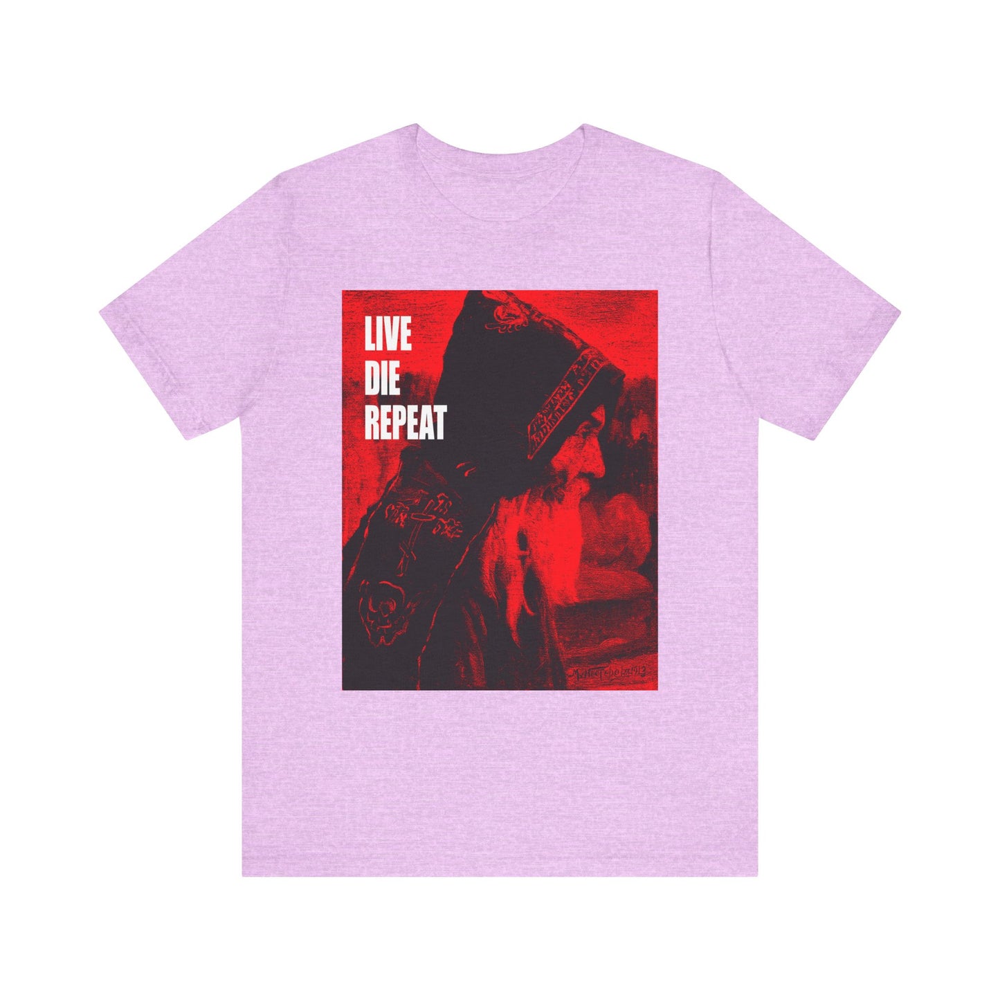 Heather Prism Lilac unisex tee featuring Orthodox Monk art by Mikhail Nesterov, red and black graphic, and bold “LIVE DIE REPEAT” text—Die Every Day, You Will Live Forever. Lightweight cotton.