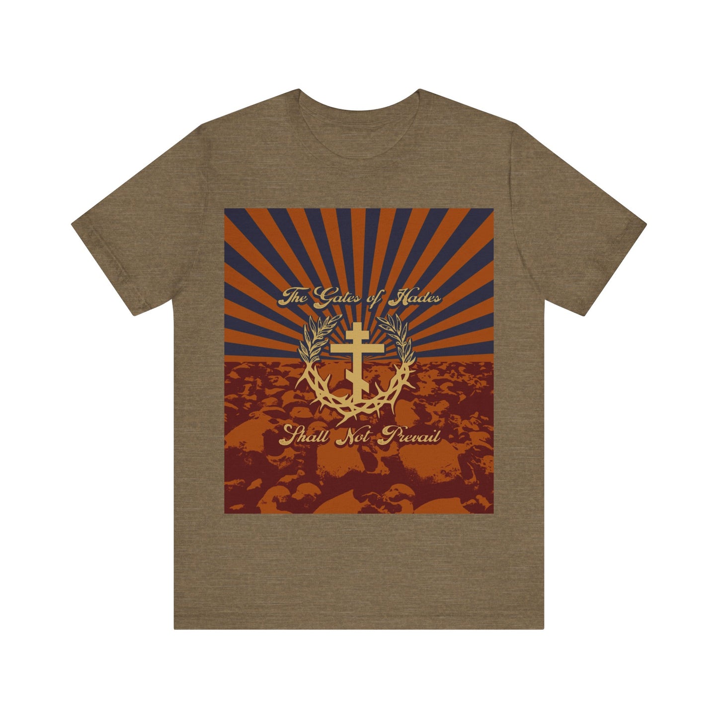 The Gates of Hades Shall Not Prevail | Cross with Wreath & Crown of Thorns | Skulls and Rays | Orthodox Christian T-Shirt