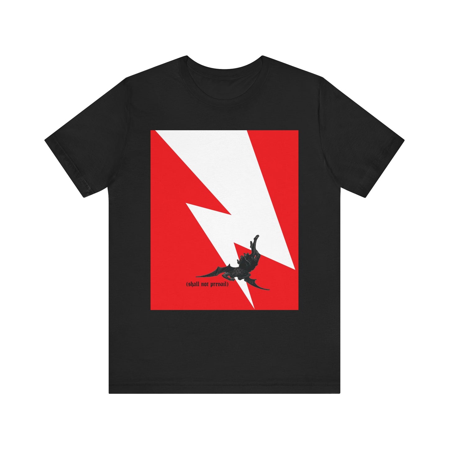 Black lightweight cotton unisex tee featuring a minimalist red and white lightning bolt with a falling figure referencing Satan's fall from heaven, inspired by Luke 10:18, with the text "shall not prevail.