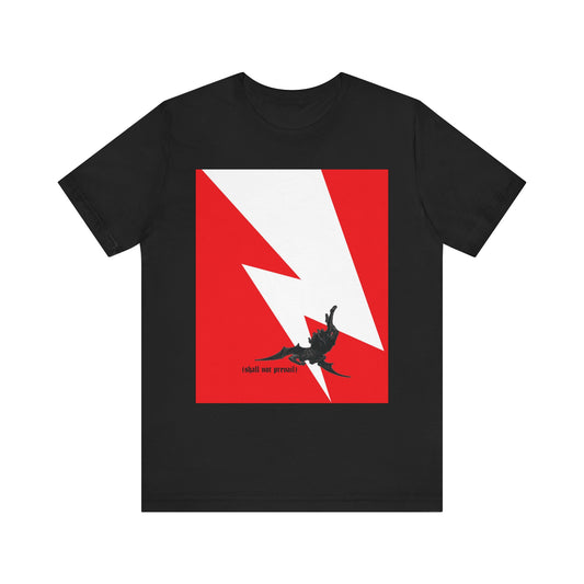 Black lightweight cotton unisex tee featuring a minimalist red and white lightning bolt with a falling figure referencing Satan's fall from heaven, inspired by Luke 10:18, with the text "shall not prevail.