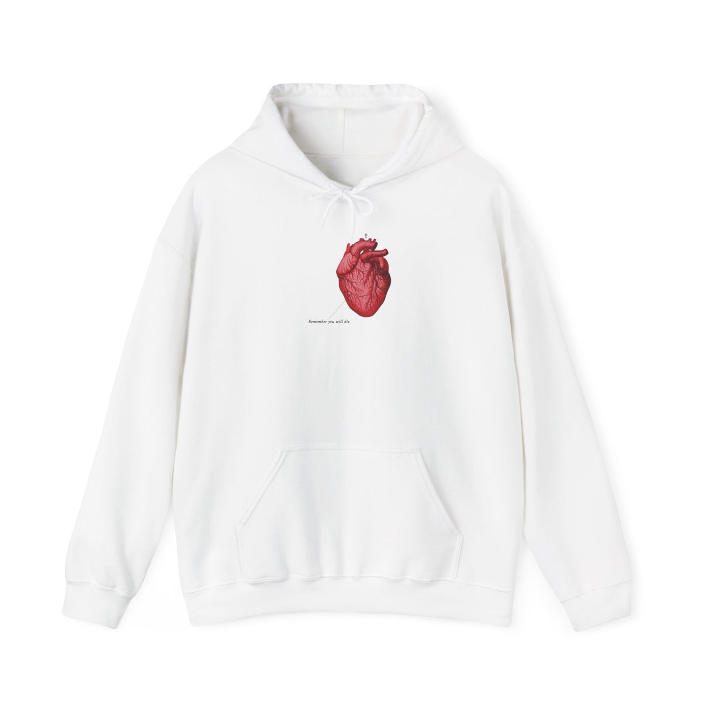 White hoodie featuring a detailed red anatomical heart inspired by a retro medical textbook and an Orthodox cross on the front center, paired with the message "Remember You Will Die – It's Later Than You Think" as a memento mori, symbolizing spiritual healing and repentance through Orthodox Christian faith.