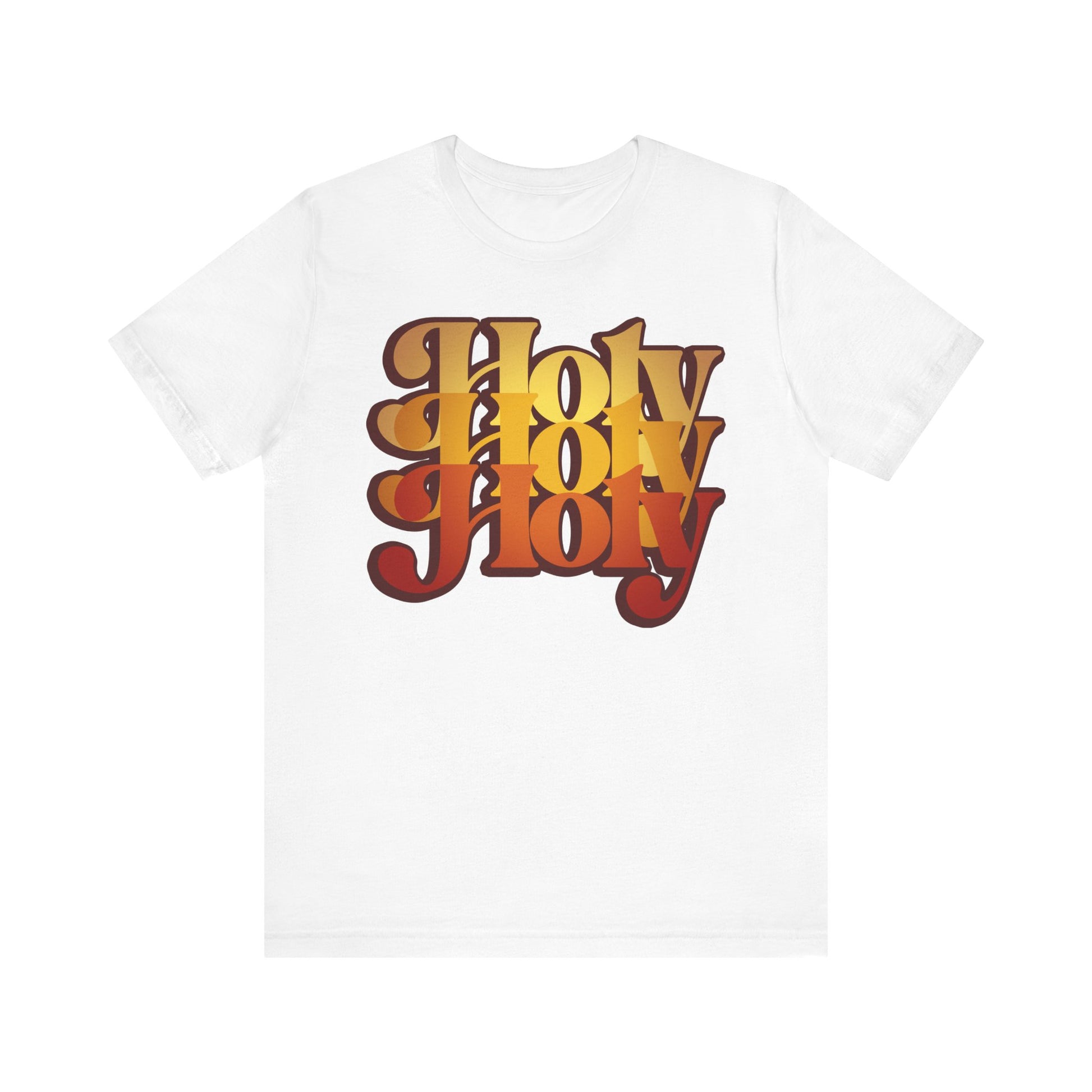 White lightweight unisex tee featuring bold, 70s-style "Holy Holy Holy" text in yellow and orange gradient, inspired by the Trisagion prayer, Isaiah 6, and Orthodox liturgy.