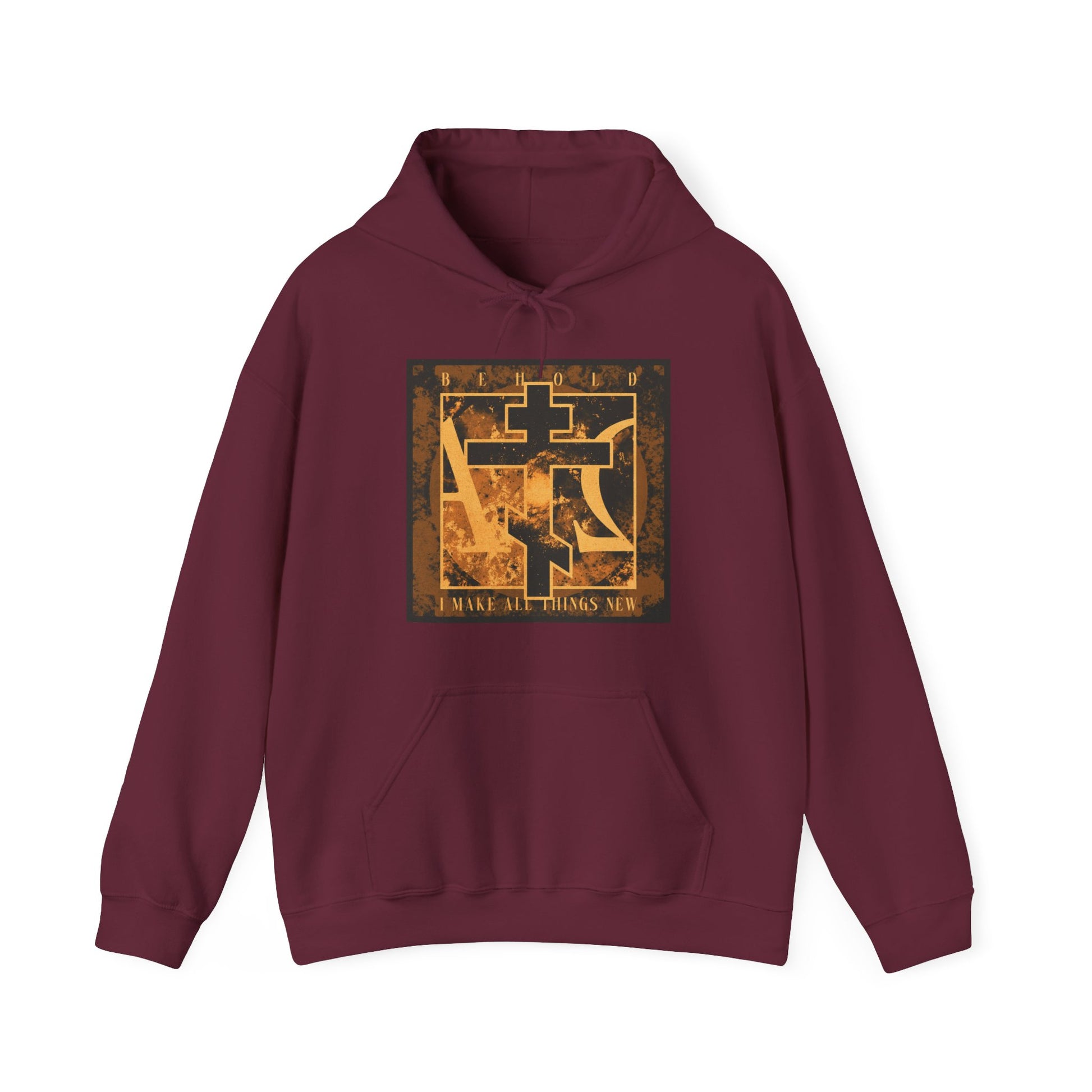 Maroon "Behold, I Make All Things New" (Rev 21:5) Orthodox Christian hoodie featuring a brown & orange Orthodox cross with Alpha & Omega background.