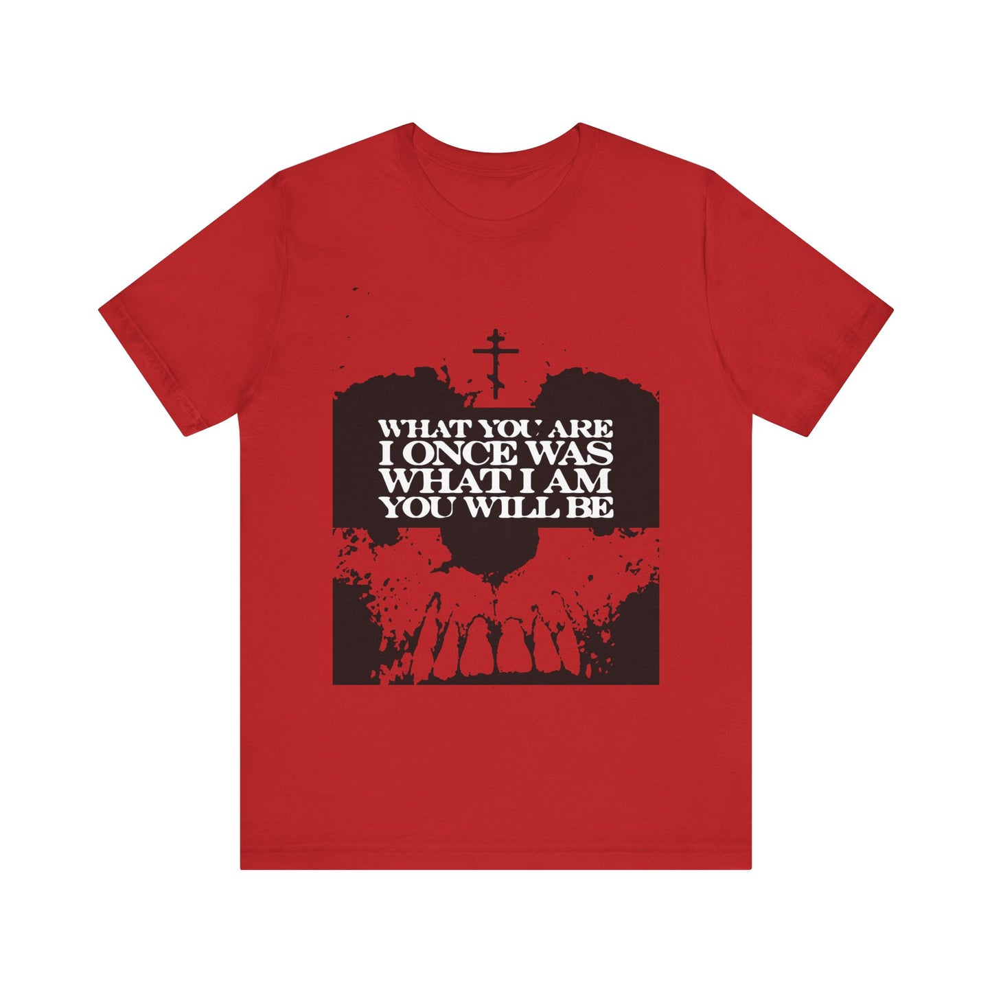 This lightweight red cotton unisex tee, "What You Are, I Once Was. What I Am, You Will Be | Memento Mori," features a bold skull graphic and serves as a striking reminder of our shared mortality and the inevitability of death.
