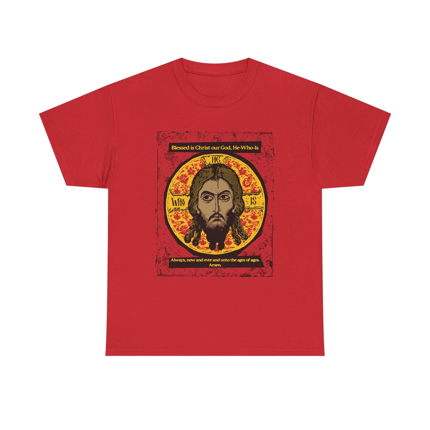 Red heavy cotton t-shirt featuring a graphic of the Mandylion (Image of Edessa) with Orthodox hymn text: "Blessed is Christ our God, He Who is always, now, and ever." Inspired by Troparion Tone 2.